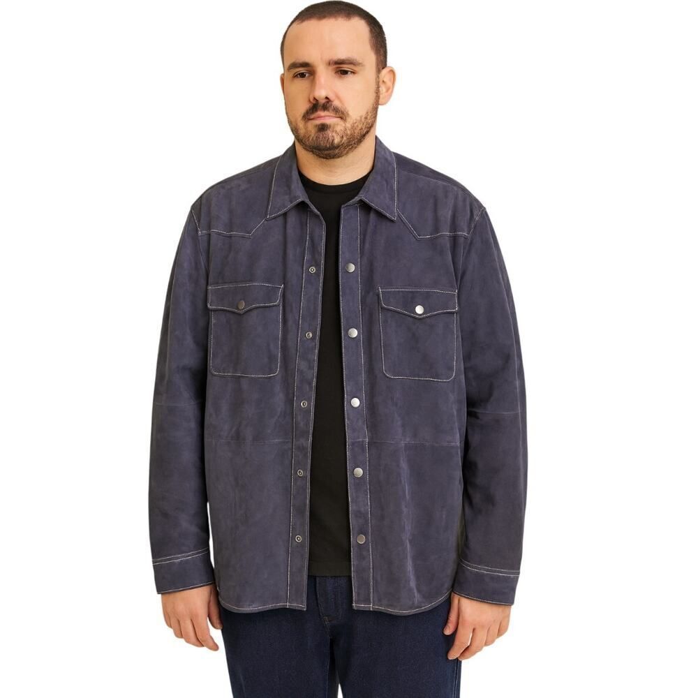 OVERLAND Men's Clint Goatskin Suede Leather Shirt Jacket Navy Blue Size XXL